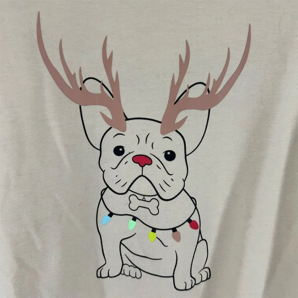 French Bulldog Christmas Sweatshirt Unisex Beige Holiday Novelty Top ?Medium - Picture 2 of 6